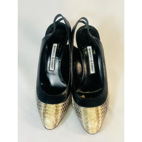 Manolo Blahnik Snakeskin Heels Black Ivory Gray EU 37 1/2/US 7 EUC Strappy - Picture 3 of 13
